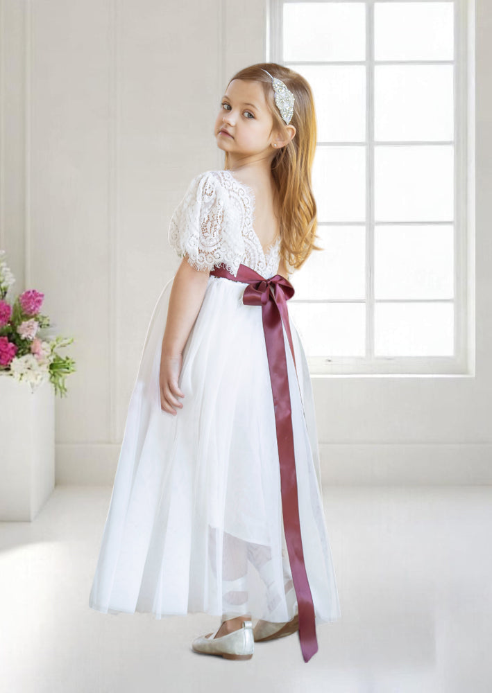 Ruffle sleeve white flower girl dress