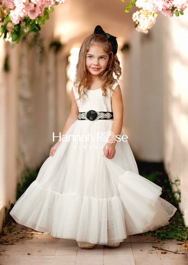 White Flower Girl Dress with black sash