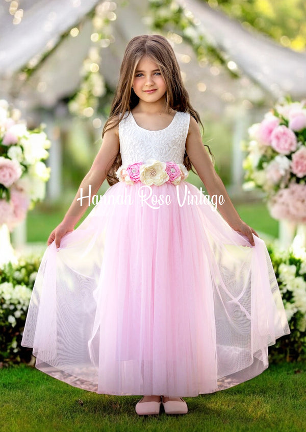 Pink and white flower girl dress