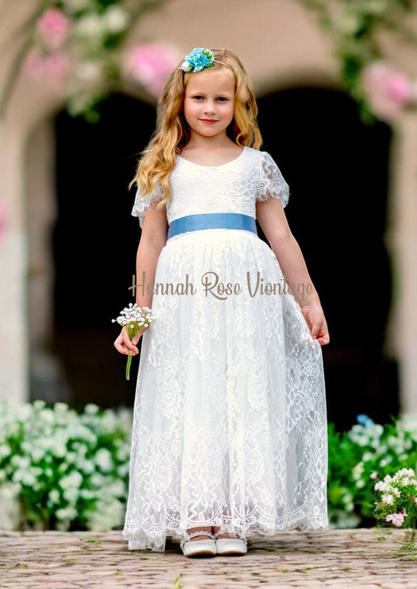 lace lower girl dresses with blue sash