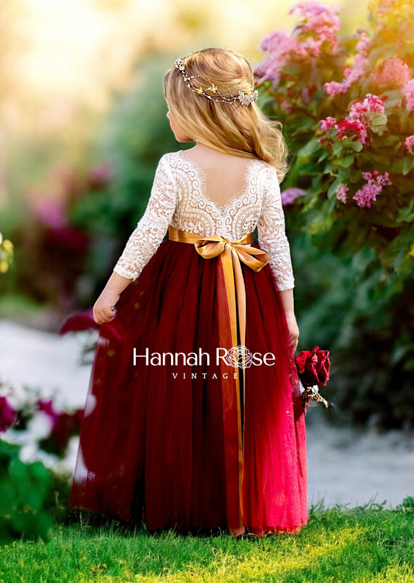 Burgundy Flower Girl Dress with Sleeves