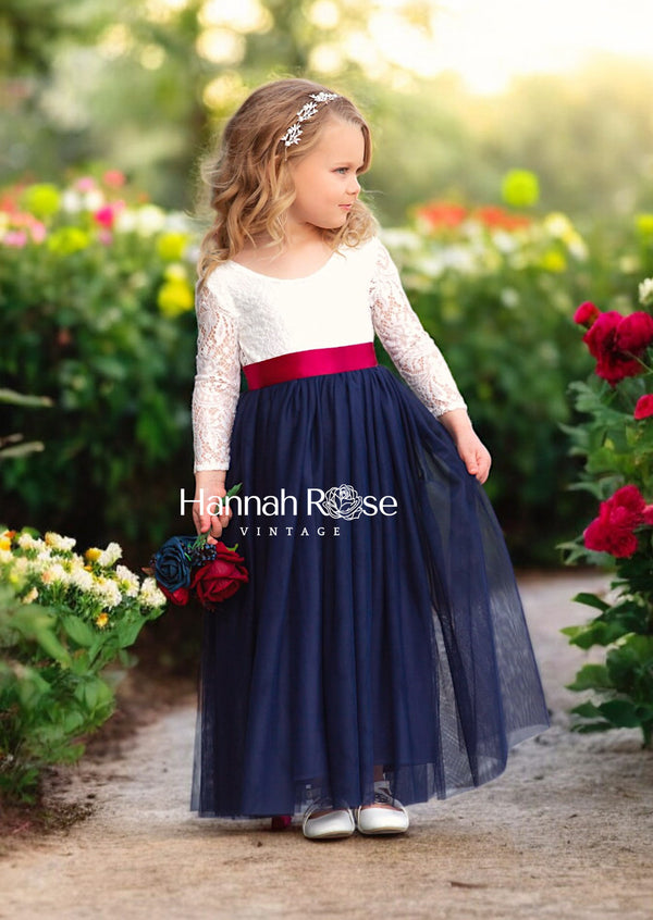 navy and white flower girl dress with wine sash