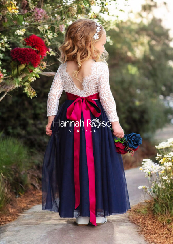 Navy Flower Girl Dress with wine sash