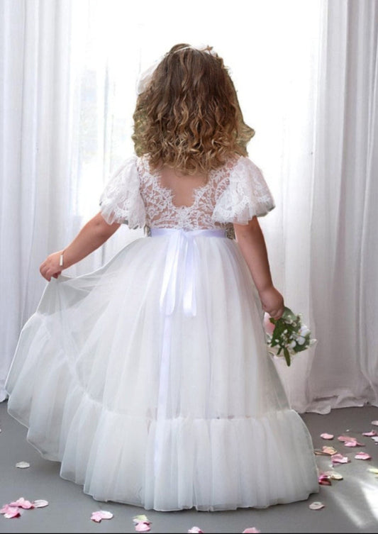 Elegant White Tulle & Lace Flower Girl Dress