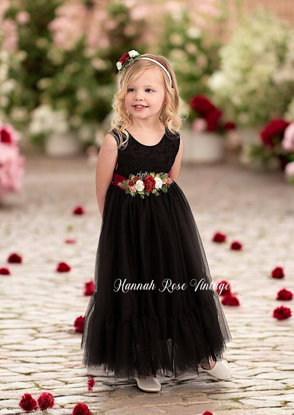 Flower girl dress with burgundy sash