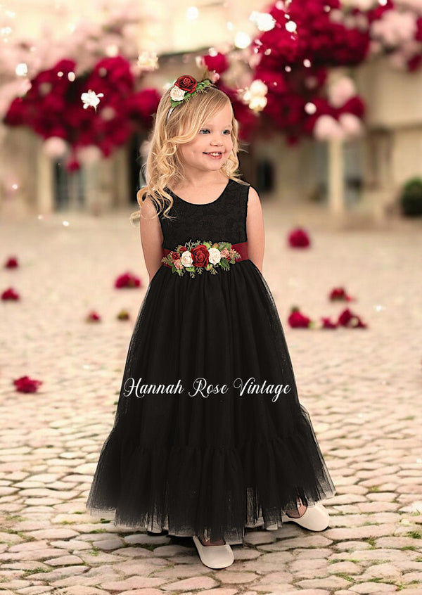 Black flower girl dress with burgundy sash