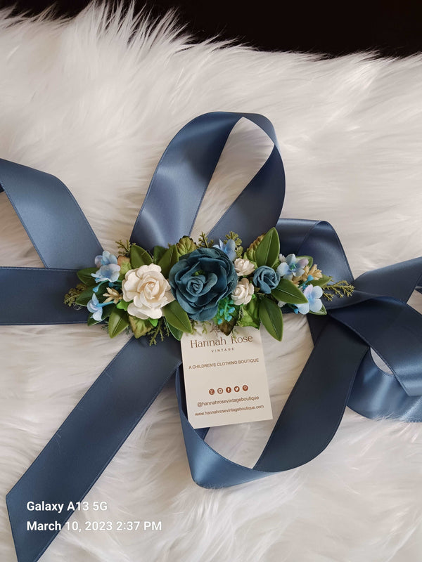 dusty blue bridal wedding flower sash belt