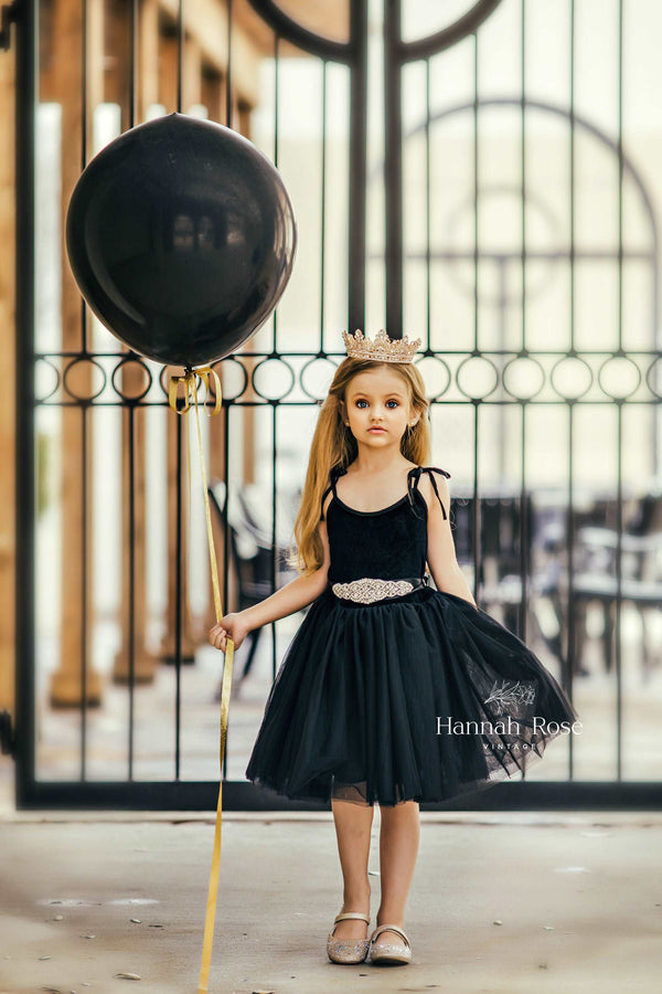 GIRLS - Black Velvet and Tulle Girls Party Dress - Hannah Rose Vintage Boutique