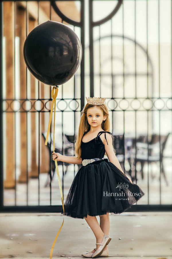 GIRLS - Black Velvet and Tulle Girls Party Dress - Hannah Rose Vintage Boutique