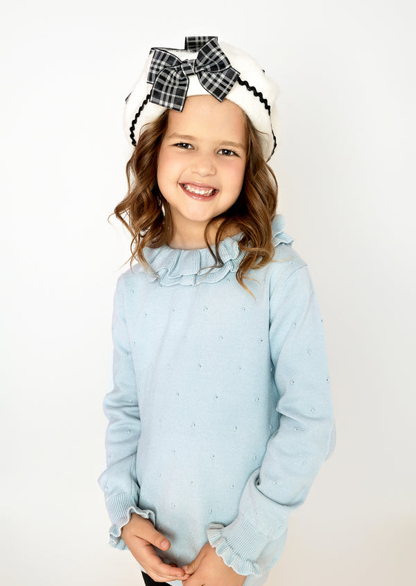 Double Ruffle Dot Knit Pullover Sweater in Blue