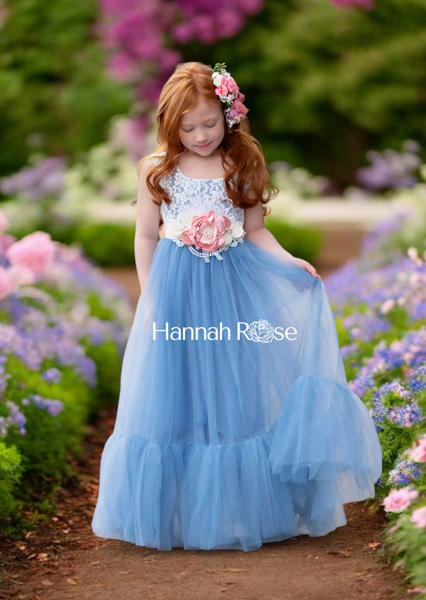 Dusty Blue Flower Girl Dress with Flower Sash 