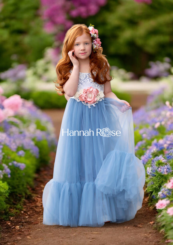 Dusty Blue Flower Girl Dress with Sash