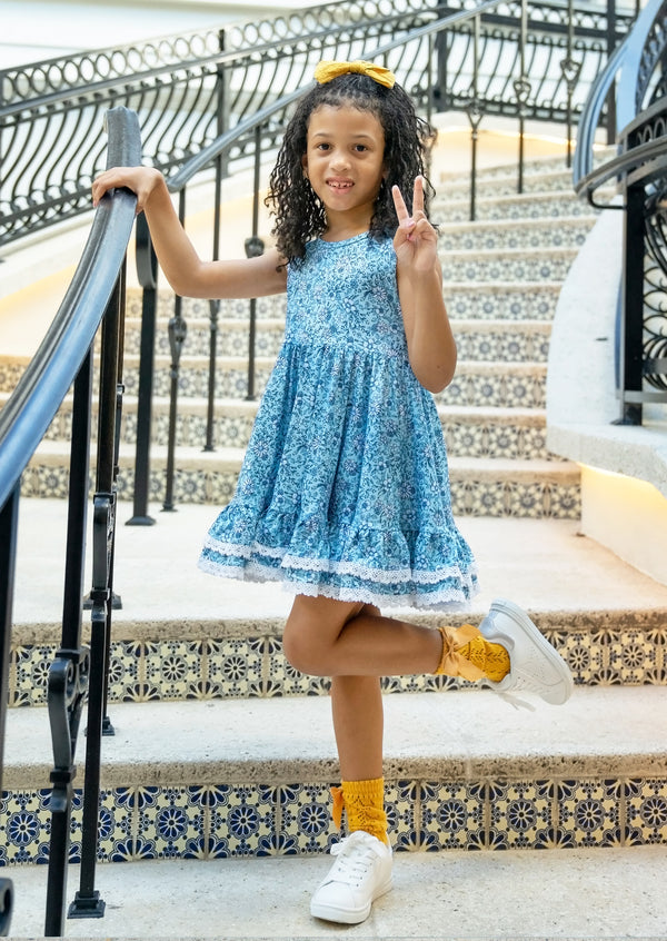 Girls blue mini print dress