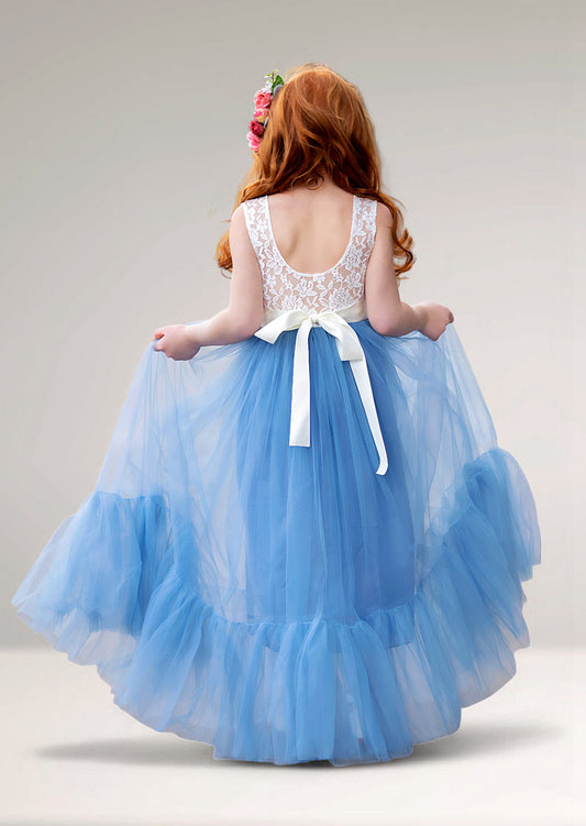 Dusty Blue Tulle & White Lace Sleeveless Ruffle Flower Girl Dress