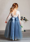 Dusty blue flower girl dress with sash