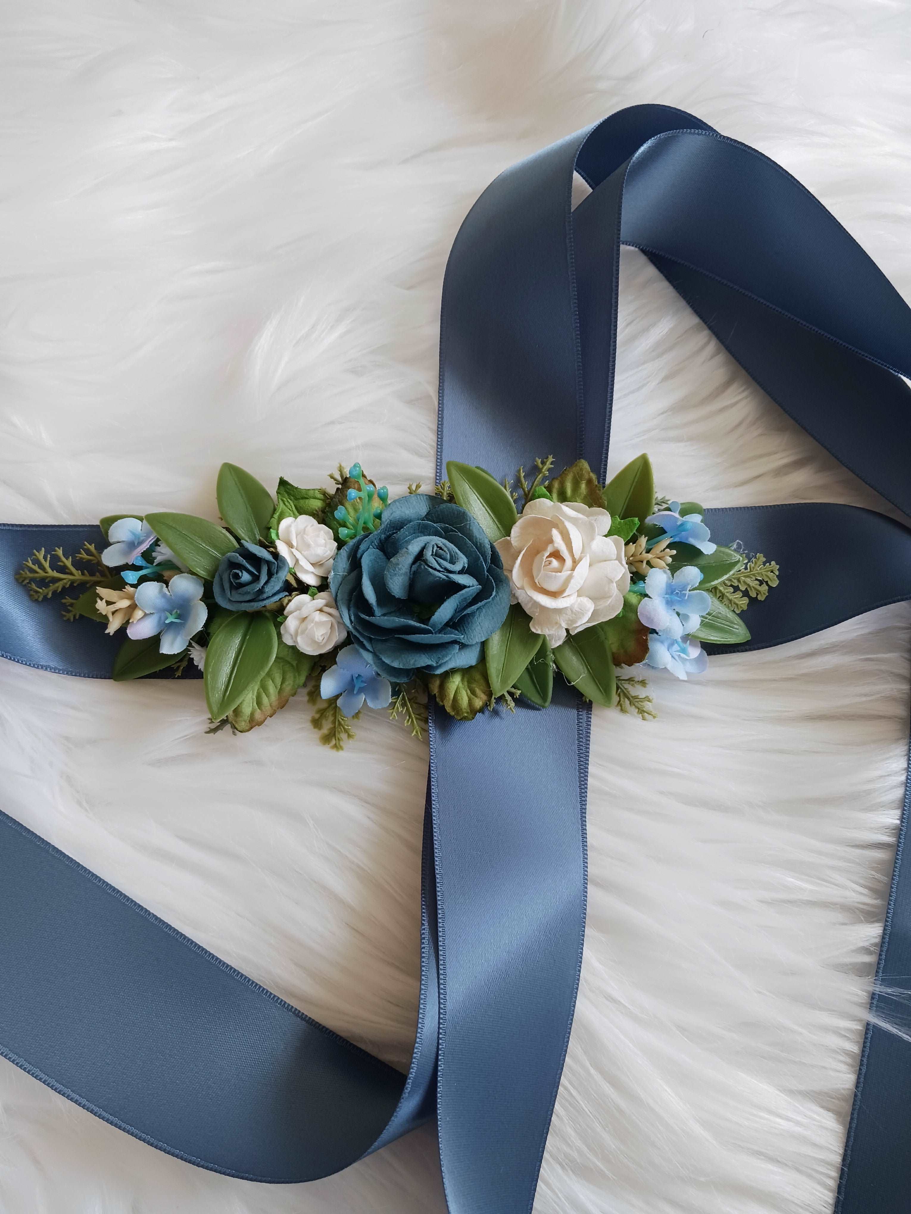 Custom Bridal Flower Sash in Dusty Blue