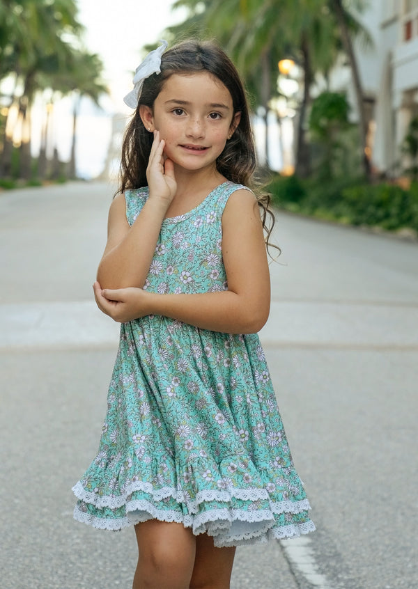 girls green print dress