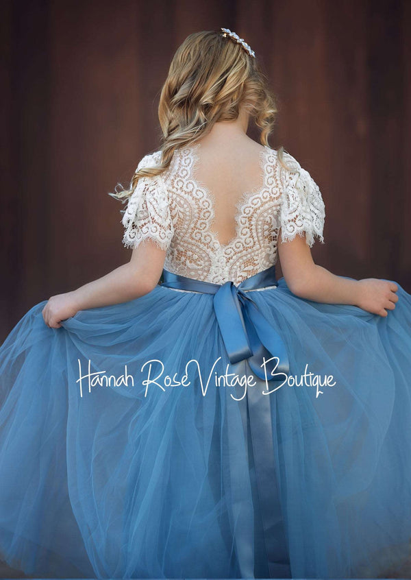 Backless Dusty Blue ruffle sleeve flower girl dress