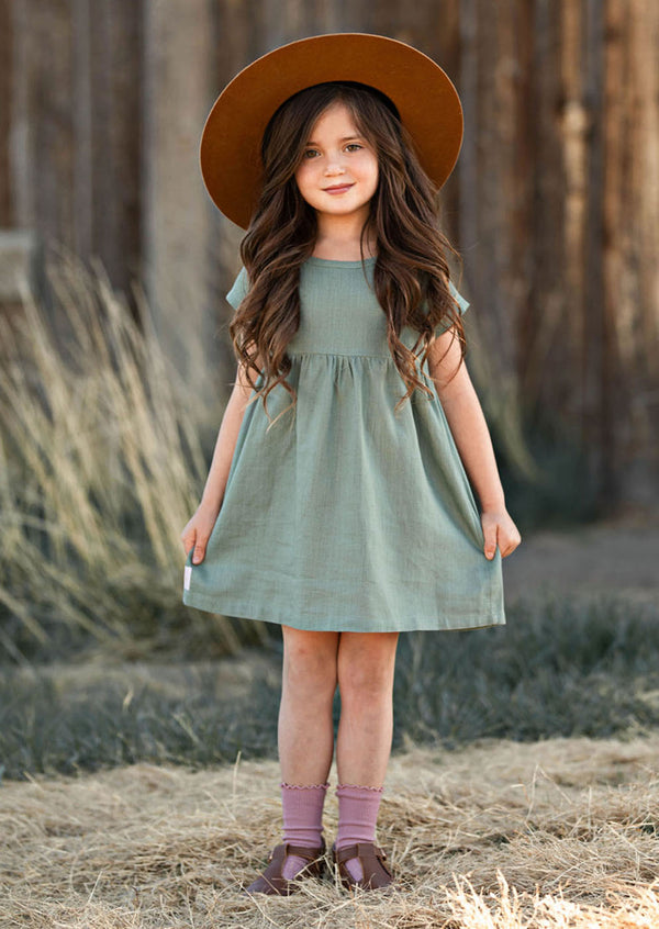 Organic Cotton Linen Dress in Beech Green