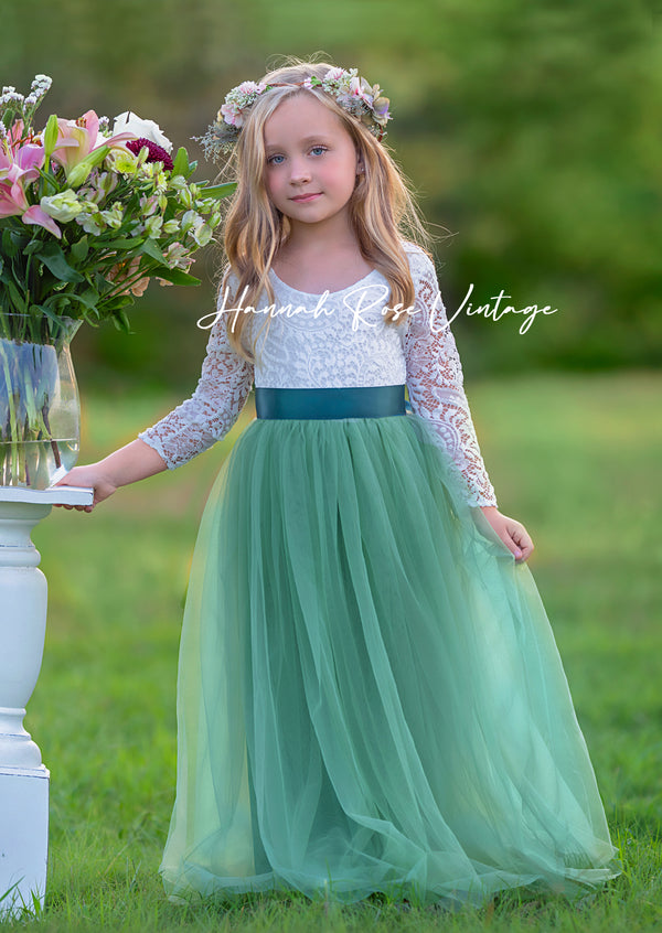 Sage Green Boho Tulle Flower Girl Dresses for Garden Weddings