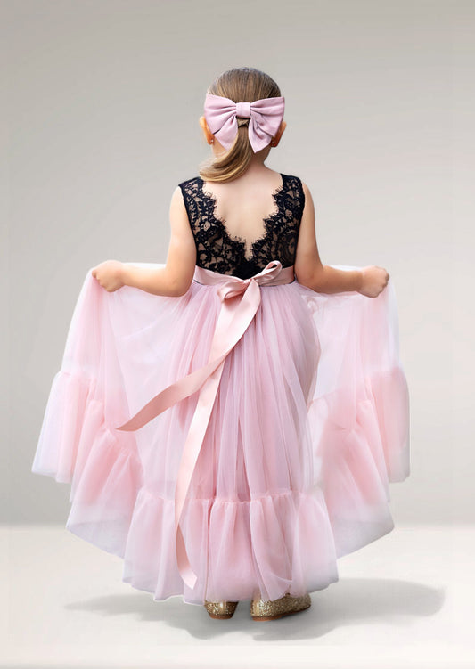 Rose Gold Tulle & Black Lace Sleeveless Flower Girl Dress
