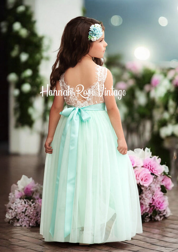 Backless flower girl dress aqua