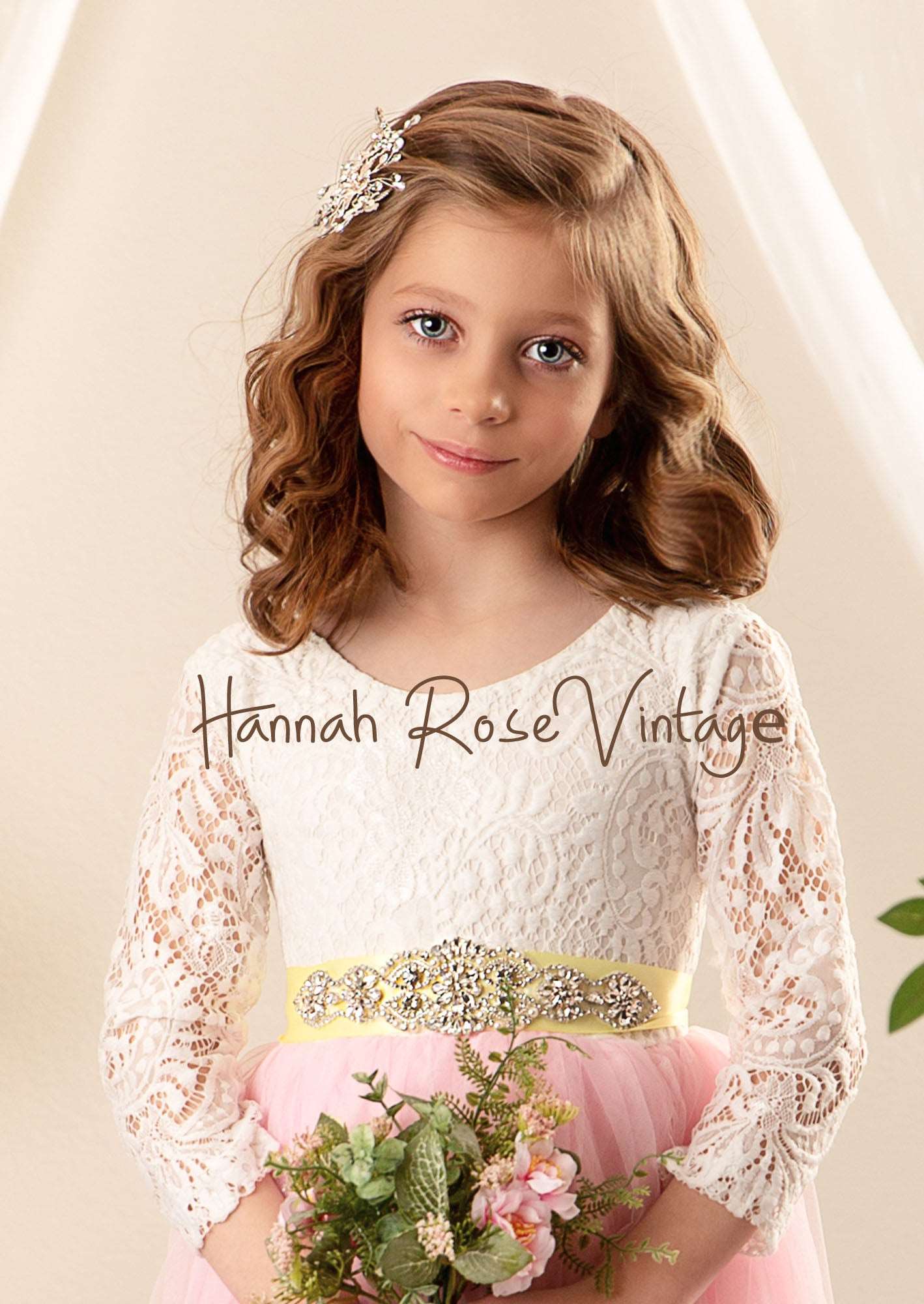 GIRLS - Custom Jewel Bridal Sash and Butterfly Petal Wreath - Hannah Rose Vintage Boutique