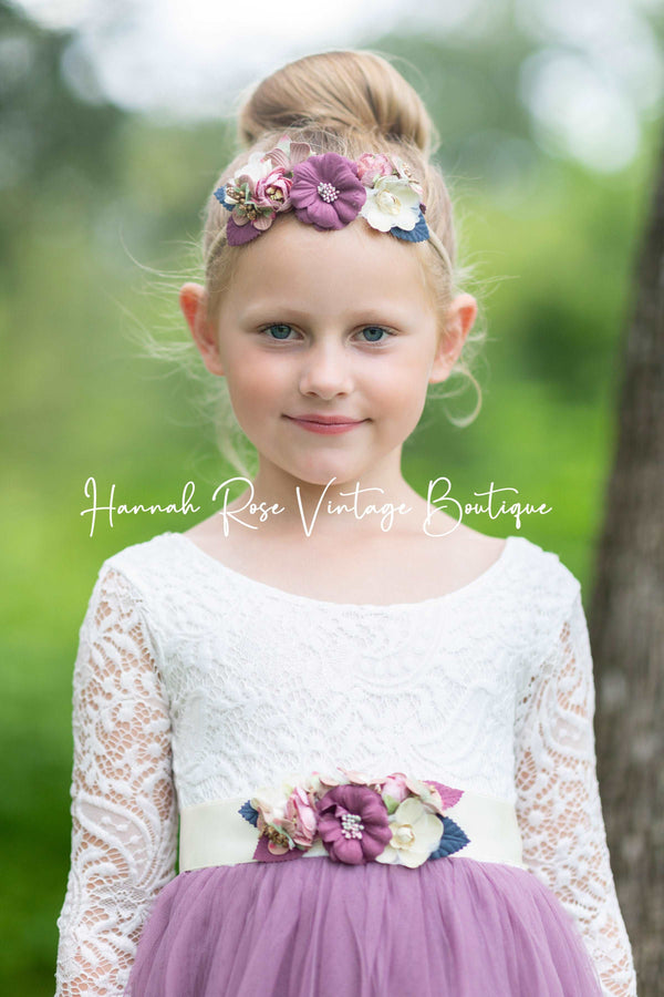 dusty plum purple bridal flower girl headband and sash set