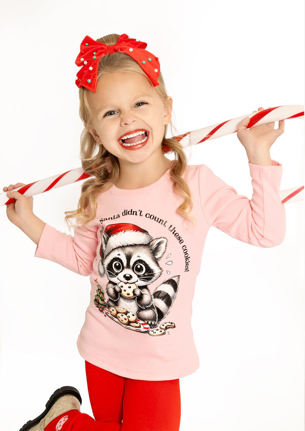 girls pink raccoon Christmas tee