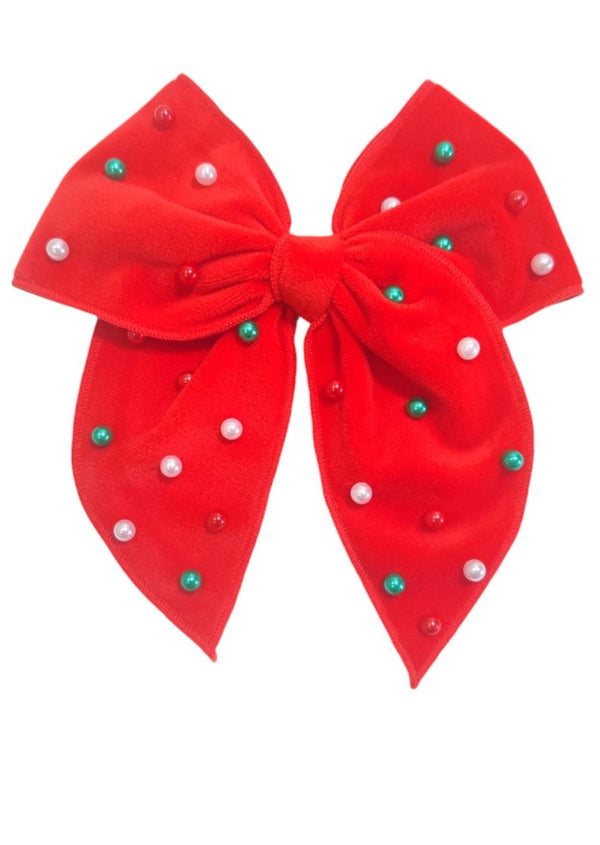 Girls Red Velvet Beaded Christmas Hair Bow