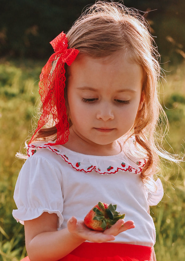 Strawberry Embroidered Girls Tee