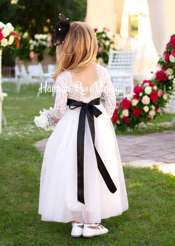 White flower girl Dress with black bow