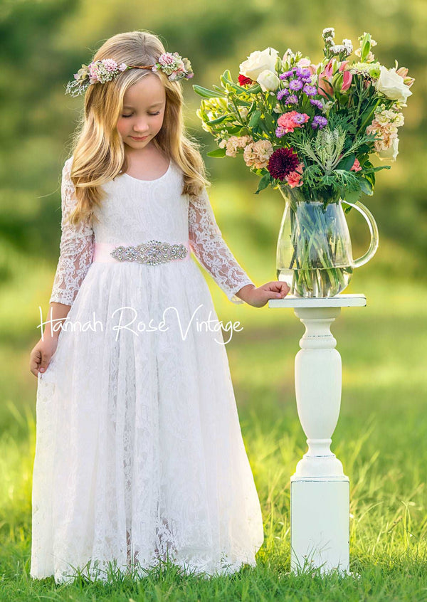 White Lace Dress Fairytale Flower Girl Dress with Sleeves for Wedding