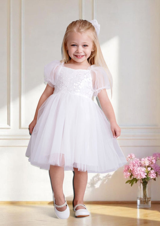 white knee length flower girl dress