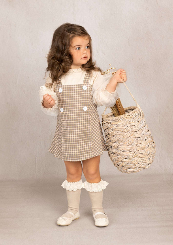 GIRLS - Chara Beige Check Dress - Hannah Rose Vintage Boutique