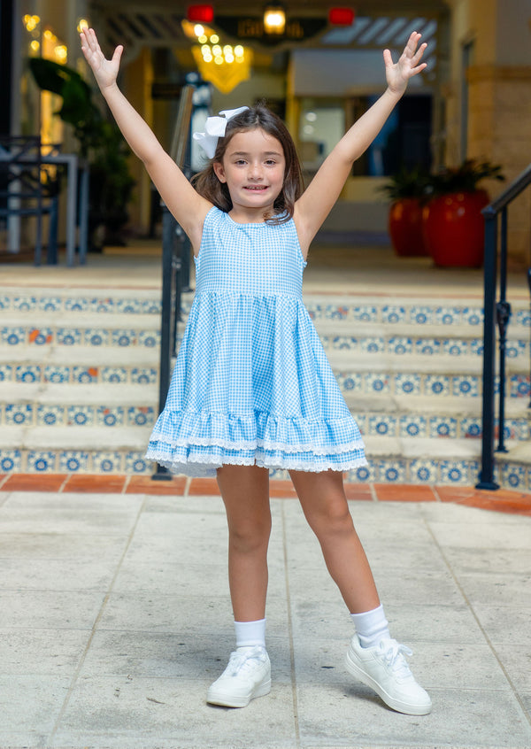 girls blue check twirl dress