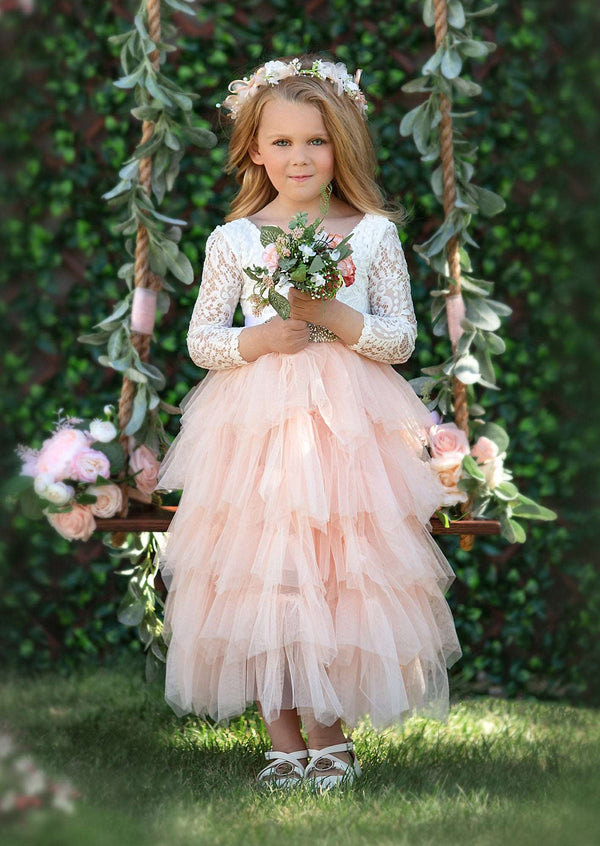 Long Sleeve Blush Flower Girl Dress with White Lace Bodice 