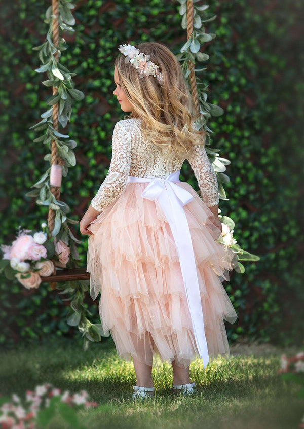 Blush Layered Flower Girl Dress with Sleeves 