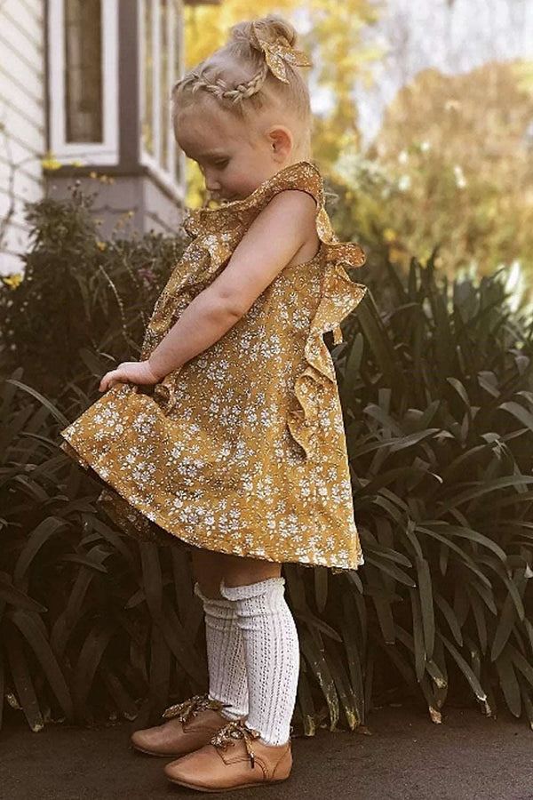 GIRLS - Gold Floral Print Dress - Hannah Rose Vintage Boutique