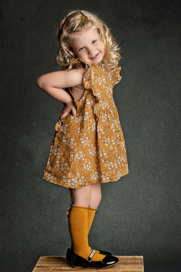 GIRLS - Gold Floral Print Dress - Hannah Rose Vintage Boutique