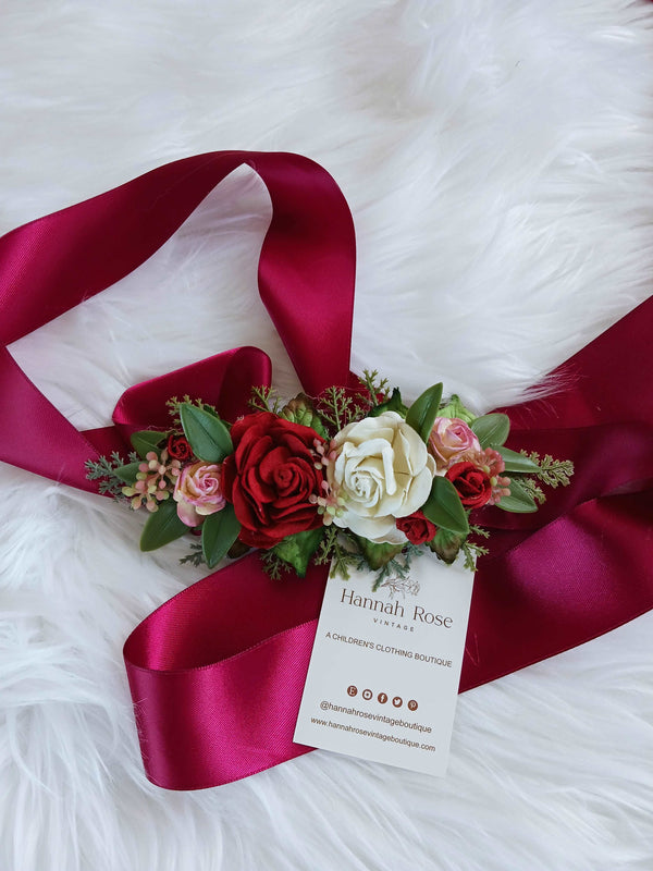 Handmade custom burgundy Bridal flower sash belt 