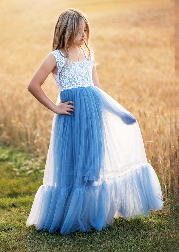 Dusty Blue Boho Flower Girl Dress