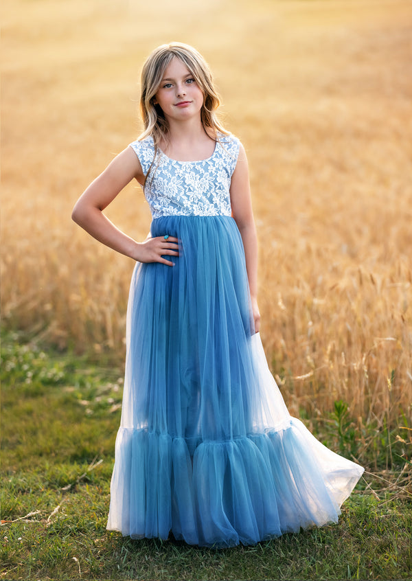 Dusty Blue Boho Flower Girl Dress