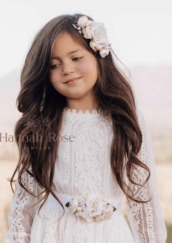 GIRLS - Ivory Rose Flower Sash and Headband - Hannah Rose Vintage Boutique