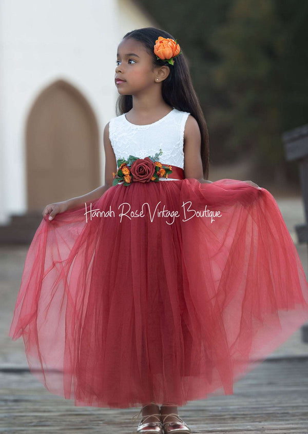 Rust flower girl dress with burnt orange flower sash belt