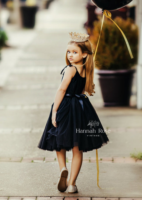 GIRLS - Black Velvet and Tulle Girls Party Dress - Hannah Rose Vintage Boutique