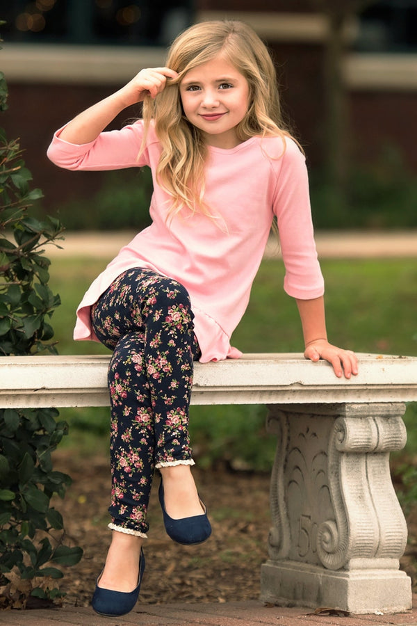 GIRLS - Long Sleeve Pink Ruffle Tee Shirt - Hannah Rose Vintage Boutique