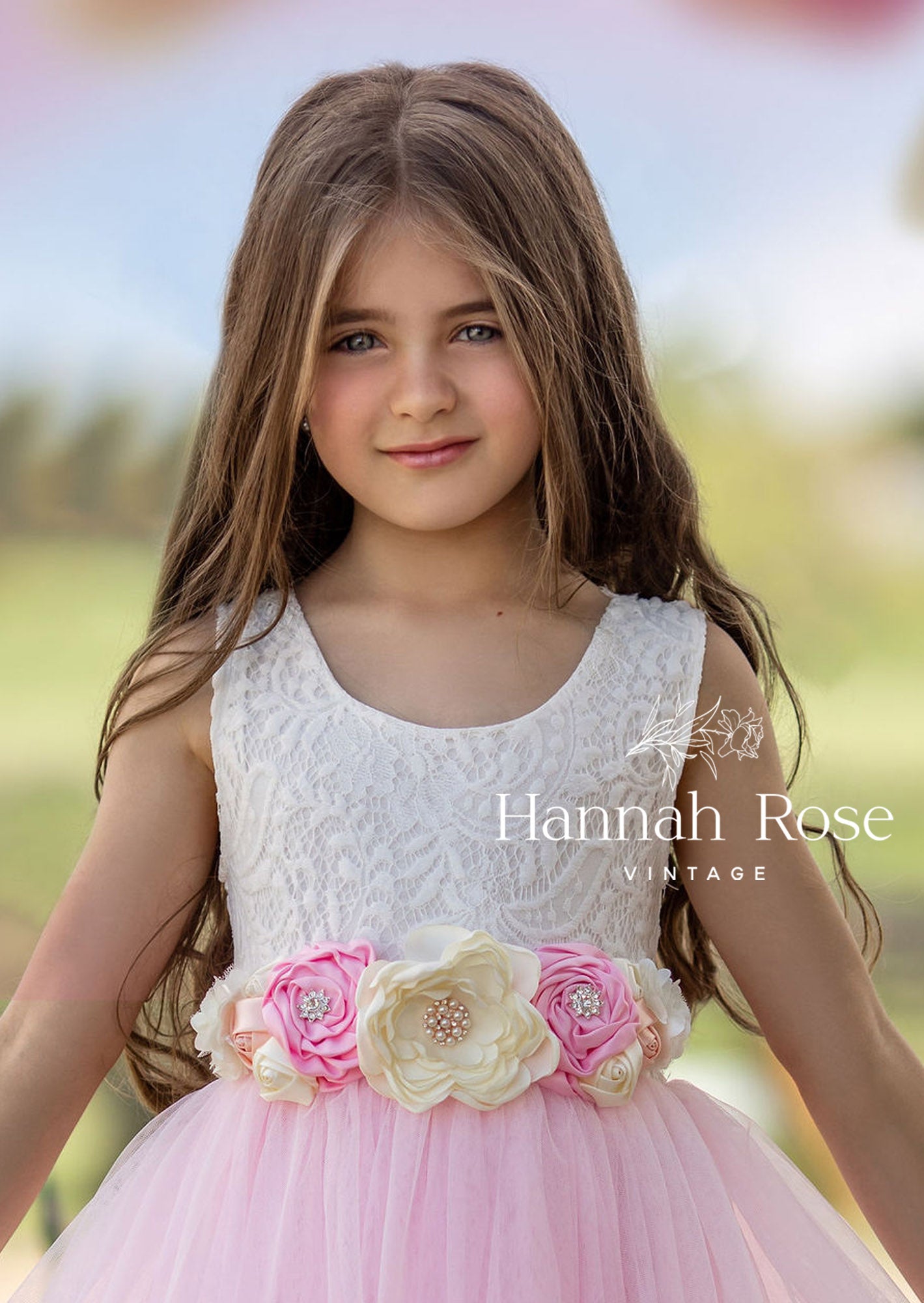 GIRLS - Pink and Ivory Flower Wedding Sash - Hannah Rose Vintage Boutique