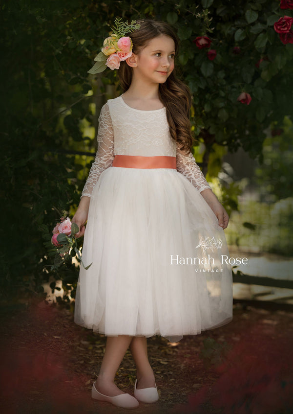 flower girl dress in white with long sleeves