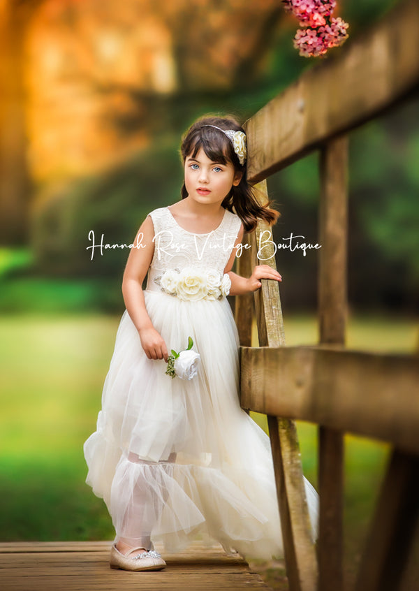 Ivory Satin and Chiffon Beaded Flower Rhinestone Sash